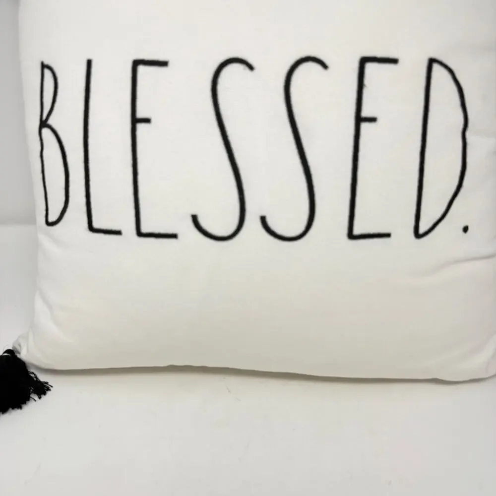 Rae Dunn BLESSED Throw Pillow Black White Plaid Tassel Farmhouse Accent Cushion